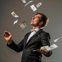 AI generated AI Generated businessman catching flying dollar banknotes. photo