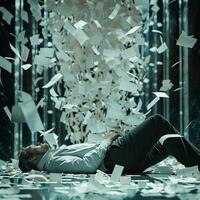AI generated AI Generated exhausted businessman lying down on the ground with huge of flying documents and paper. photo