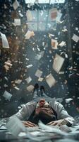 AI generated AI Generated exhausted businessman lying down on the ground with huge of flying documents and paper. photo