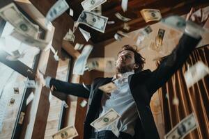 AI generated AI Generated businessman catching flying dollar banknotes. photo