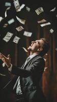 AI generated AI Generated businessman catching flying dollar banknotes. photo