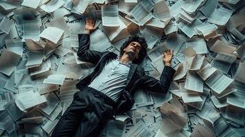 AI generated AI Generated exhausted businessman lying down on the ground with huge of flying documents and paper. photo