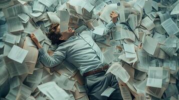 AI generated AI Generated exhausted businessman lying down on the ground with huge of flying documents and paper. photo