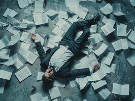 AI generated AI Generated exhausted businessman lying down on the ground with huge of flying documents and paper. photo