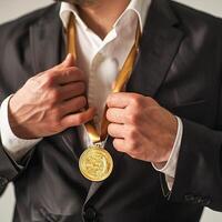 AI generated businessman holding a gold medal in black suit. photo