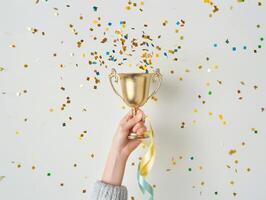 ai generado manos de negocio mujer participación y levantar un dorado trofeo, rodeando con Felicidades papel picado cinta copos foto