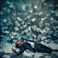 AI generated AI Generated exhausted businessman lying down on the ground with huge of flying documents and paper. photo