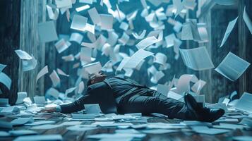 AI generated AI Generated exhausted businessman lying down on the ground with huge of flying documents and paper. photo