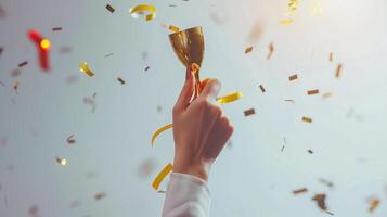 ai generado manos de negocio mujer participación y levantar un dorado trofeo, rodeando con Felicidades papel picado cinta copos foto