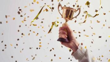 ai generado manos de negocio mujer participación y levantar un dorado trofeo, rodeando con Felicidades papel picado cinta copos foto