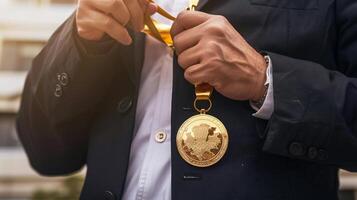 AI generated businessman holding a gold medal in black suit. photo