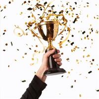 AI generated hands of business woman holding and lift a golden trophy, surrounding with congratulations confetti ribbon flakes. photo