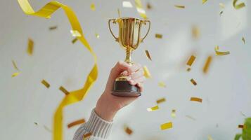 AI generated hands of business woman holding and lift a golden trophy, surrounding with congratulations confetti ribbon flakes. photo