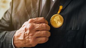 AI generated businessman holding a gold medal in black suit. photo