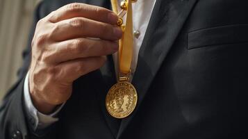 AI generated businessman holding a gold medal in black suit. photo