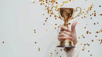 AI generated hands of business woman holding and lift a golden trophy, surrounding with congratulations confetti ribbon flakes. photo