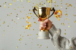 ai generado manos de negocio mujer participación y levantar un dorado trofeo, rodeando con Felicidades papel picado cinta copos foto