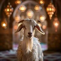 ai generado hermosa islámico linterna con cabra antecedentes para diseño eid Alabama adha sacrificio saludo tarjeta foto