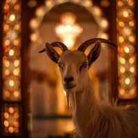 AI generated Sacred Sacrifice Eid Al Adha Mubarak Background with goat and Islamic background photo