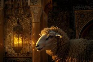 AI generated Eid al adha mubarak sheeps with Islamic lantern in background Eid al adha greeting card photo