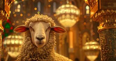 AI generated Sheep or lamb with islamic lantern background for design Eid Al Adha greeting card Sacrifice Feast photo