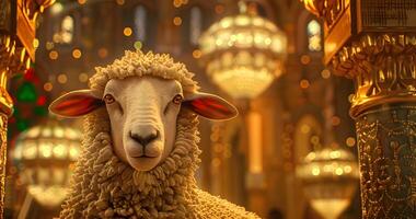 AI generated Sheep or lamb with islamic lantern background for design Eid Al Adha greeting card Sacrifice Feast photo
