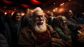 AI generated An elderly man enthusiastically watches a movie in a cinema photo