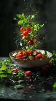 AI generated Dynamic shot of fresh salad vegetables fall into a bowl photo