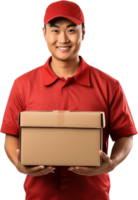 AI generated happy asian delivery man carry box png
