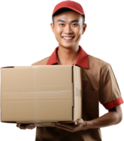 ai generato contento asiatico consegna uomo trasportare scatola png