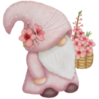 Gnome wears a pink dress decorated with cherry blossom png