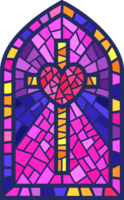 Church glass window. Stained mosaic catholic frame with religious symbol cross and heart. Outline illustration png