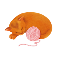 A composition a ginger kitten curled up asleep beside a pink yarn skein, for greeting cards, children's book illustrations, or pet-themed designs. Watercolor illustration png