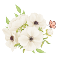 A watercolor floral composition of white anemones and fresh greenery, with a butterfly. for enhancing wedding stationery, event invitations, botanical prints, art projects and decorative crafts png