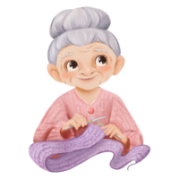 A watercolor children's illustration. a gray-haired grandmother knitting a scarf. hair in a bun and wears a pink sweater. a smiling woman engaged in knitting, for education or family-themed designs png