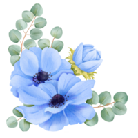 A floral arrangement consisting of blue anemones and eucalyptus leaves for enhancing wedding stationery, event decor, botanical-themed designs, digital creations, artistic projects and decorative png