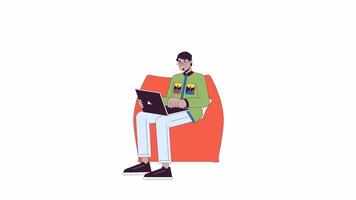 Arab man with laptop in bean bag chair line 2D character animation. Unusual office furniture flat color cartoon 4K video, alpha channel. Male typing on computer animated person on white background video