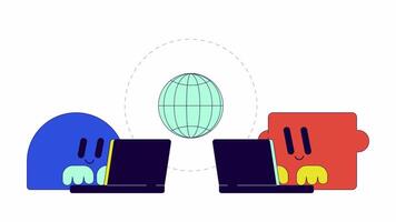 internacional datos transferir línea 2d animación. geométrico caracteres tipo laptops 4k vídeo movimiento gráfico. conectado global. información intercambiar lineal animado dibujos animados plano concepto, blanco antecedentes video