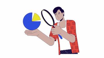 Data scientist magnifying glass line 2D animation. Indian man with loupe holding chart 4K video motion graphic. Research strategy planning linear animated cartoon flat concept, white background