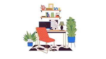 Home office interior design line 2D objects animation. Workspace decor flat color cartoon 4K video, alpha channel. Computer desk and chair at workplace animated items on white background video