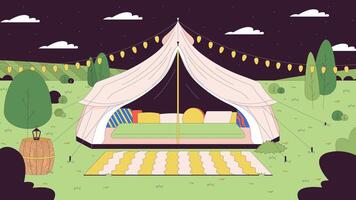 glamping tente étoilé nuit ciel ligne dessin animé animation. battre en retraite confortable 4k vidéo mouvement graphique. romantique va-t-en campagne. la nuit Prairie 2d linéaire Animé scène sur paysage Contexte video