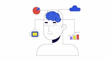 AI data analytics line 2D animation. Artificial intelligence brain 4K video motion graphic. Machine learning. Cloud computing. Business analysis linear animated cartoon flat concept, white background