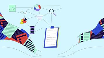 Datenbank Verwaltung Linie 2d Animation. korporativ Planung 4k Video Bewegung Grafik. Statistiken Graph Diagramme. Prognose Geschäft Analytik linear animiert Karikatur eben Konzept auf Blau Hintergrund