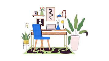 Home office interior design line 2D object animation. Domestic workplace organization flat color cartoon 4K video, alpha channel. Desk with laptop in workspace animated items on white background video