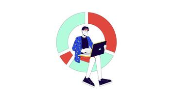 Data analytics tool line 2D animation. Korean male analyst software laptop in pie chart 4K video motion graphic. Statistics project manager linear animated cartoon flat concept, white background