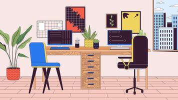 Double workplace at home line cartoon animation. Comfortable domestic office furniture 4K video motion graphic. Desk with two computers 2D linear animated objects on interior background