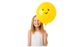 ai généré magnifique fille en portant Jaune ballon sur un isolé transparent Contexte png