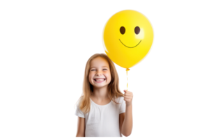 AI generated beautiful girl holding yellow balloon on an isolated transparent background png