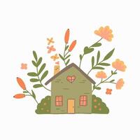 Cozy Cottage Surrounded by Blossoming Flowers and Lush Greenery vector