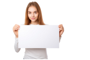 AI generated beautiful girl holding blank white billboard for mockup on an isolated transparent background png